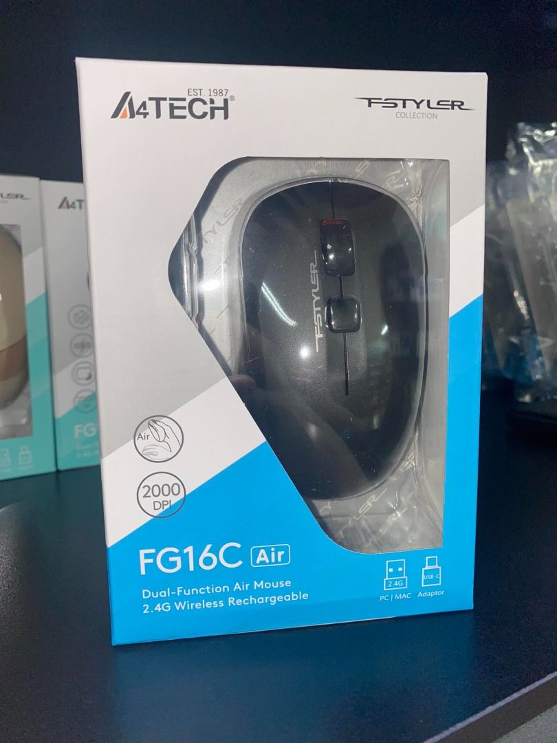 A4Tech FG16C Air Fstyler Wireless Rechargeable Mouse + Type-C Adapter Grey (Category: Mouse & Mousepads) located in Pasig City. Submitted by technofuseofficial (Listing ID 1305575871, Image 2). Description: A4Tech FG16C Air Fstyler Wireless Rechargeable Mouse + Type-C Adapter Grey SPECIFICATIONS Model: FG16C Color: Grey Sensor: Optical Distance: 10~15 m Report Rate: 125 Hz Buttons: 4 Style: Symmetric System: Windows 7/8/8.1/10/11, MacOS FEATURES 