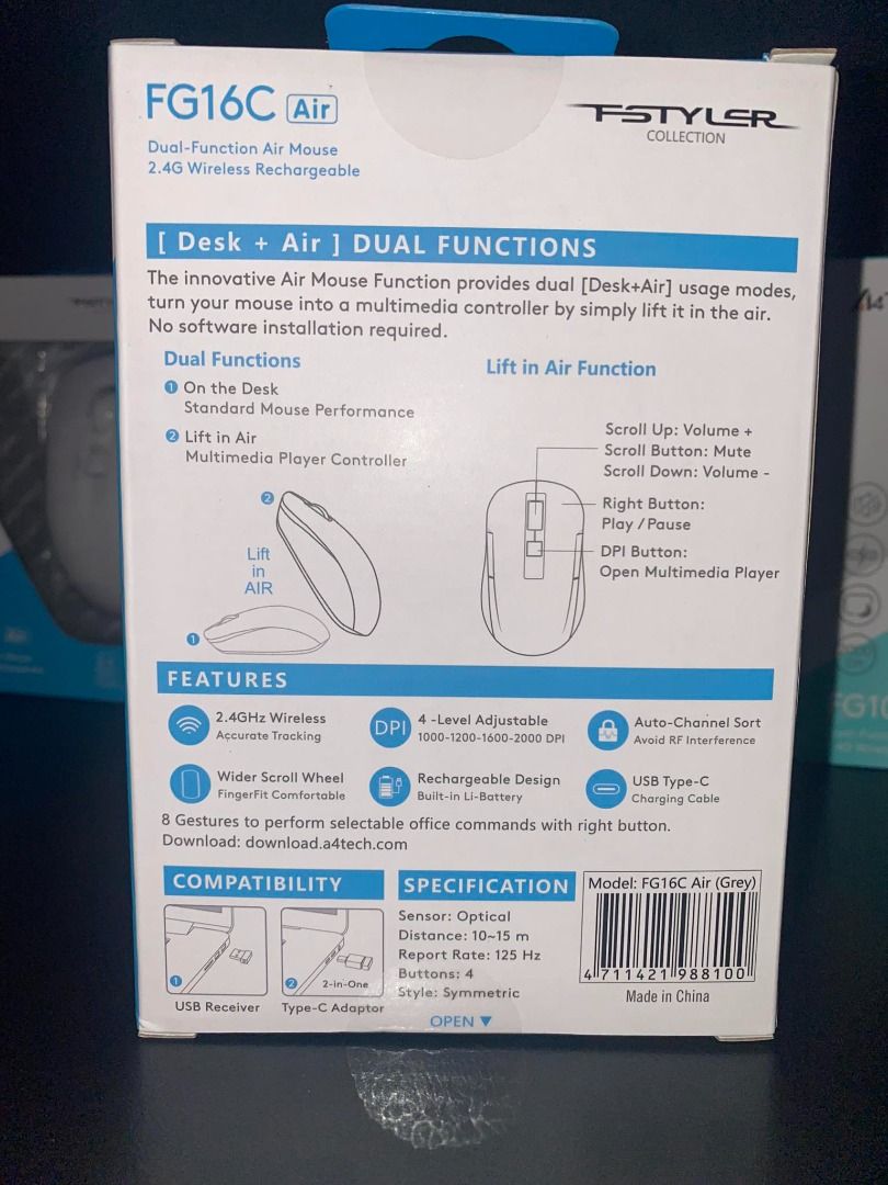 A4Tech FG16C Air Fstyler Wireless Rechargeable Mouse + Type-C Adapter Grey (Category: Mouse & Mousepads) located in Pasig City. Submitted by technofuseofficial (Listing ID 1305575871, Image 3). Description: A4Tech FG16C Air Fstyler Wireless Rechargeable Mouse + Type-C Adapter Grey SPECIFICATIONS Model: FG16C Color: Grey Sensor: Optical Distance: 10~15 m Report Rate: 125 Hz Buttons: 4 Style: Symmetric System: Windows 7/8/8.1/10/11, MacOS FEATURES 