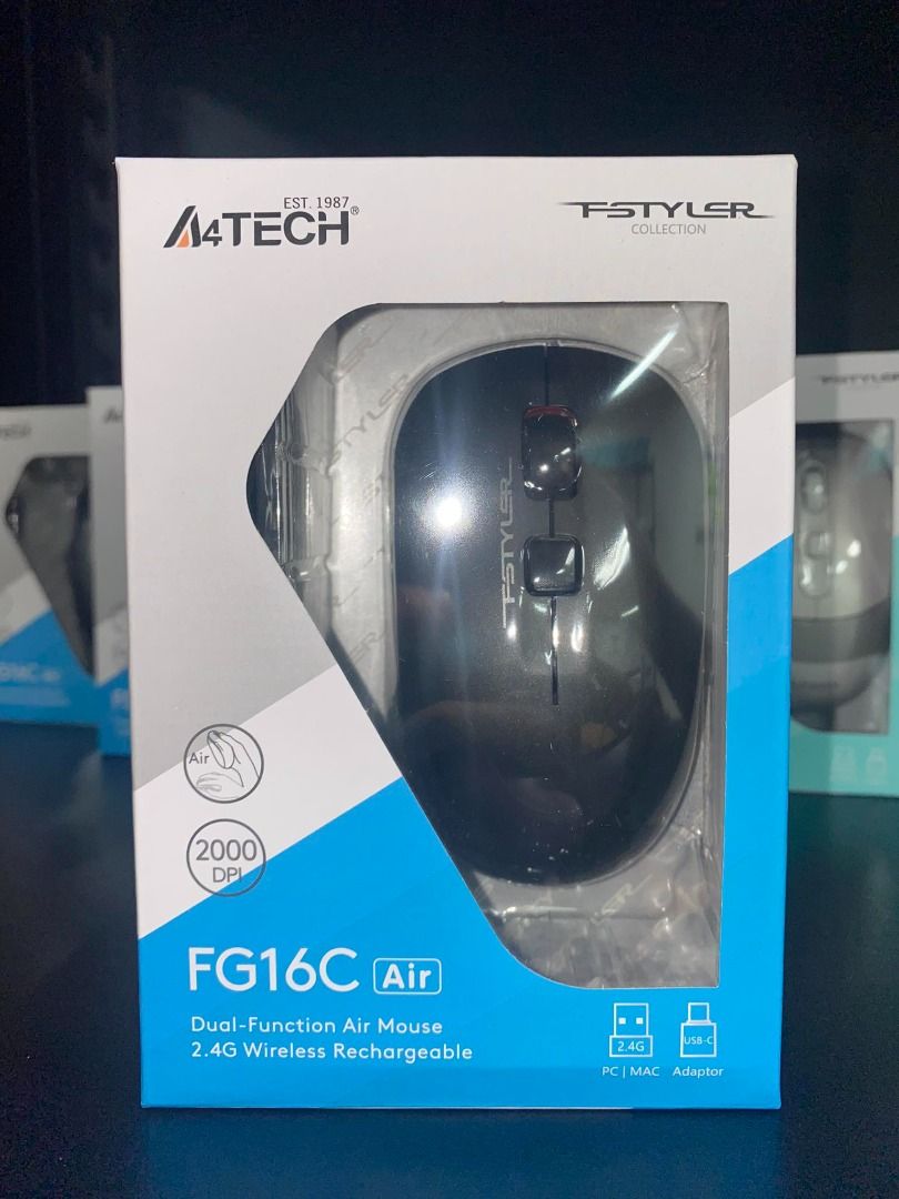 A4Tech FG16C Air Fstyler Wireless Rechargeable Mouse + Type-C Adapter Grey (Category: Mouse & Mousepads) located in Pasig City. Submitted by technofuseofficial (Listing ID 1305575871, Image 1). Description: A4Tech FG16C Air Fstyler Wireless Rechargeable Mouse + Type-C Adapter Grey SPECIFICATIONS Model: FG16C Color: Grey Sensor: Optical Distance: 10~15 m Report Rate: 125 Hz Buttons: 4 Style: Symmetric System: Windows 7/8/8.1/10/11, MacOS FEATURES 