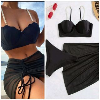 Black Two Piece Swimsuit & Beach Skirt (XL) Push up pads Pearl linked Strap & Bikini & Cover up Skirt 3in1 3pack Mermaid Swimwear