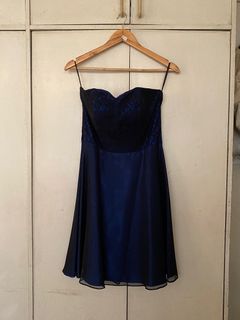 dark blue cocktail dress w/ black lace top