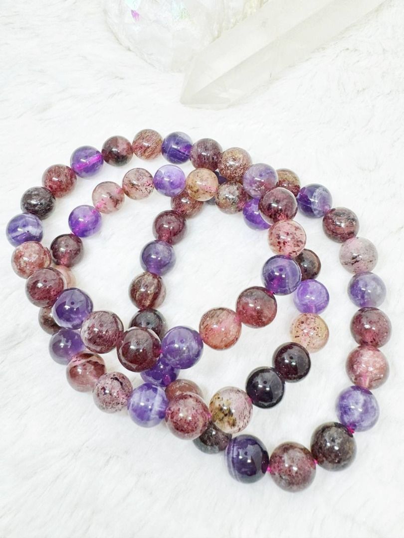 Full "Super 8" Bracelet | 8mm, 9mm (Category: Bracelets) located in Quezon City. Submitted by crystal.perk (Listing ID 1305562483, Image 3). Description: 🔅 "Super 8" 🌟 8mm - ₱180 🌟 9mm - ₱190 📌 Some suppliers call this stone a "Super 7" or "Super 8" but in fact is a combination of Strawberry Quartz, Black Gold Ruti, and Amethyst - Activates good luck and turns the tide of bad luck - Protection, anti-stress - Clears clear negative vibrations a