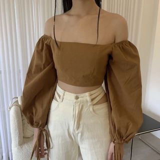HQ Brown Two Ways to Wear Off Shoulder Crisscross Back Puff Off Shoulder with Long Strings