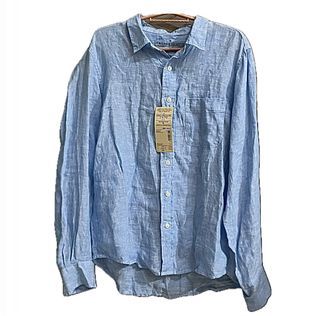 MUJI French Linen Washed Men's Collared Shirt Button Up Longsleeve Polo Sky Blue