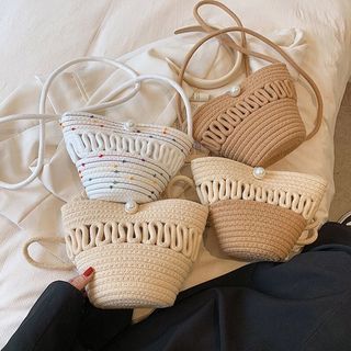 Pearl Straw bucket bag Messenger Bag Cotton Woven Sling Bag Crochet Casual Hobo Bag Beach Clutch