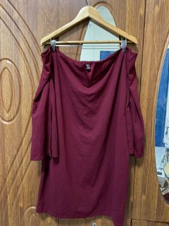 PLUS SIZE SEXY DRESS FORMAL PARTY DRESSOFF SHOULDER MAROON RED WITH V  3/4 sleeves with slit in shoulder 3xl -5xl garterized