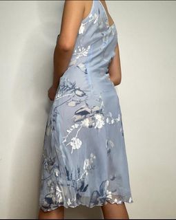 Powder blue vintage floral bias cut midi dress