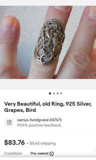 Vintage 925 Sterling Silver Ring Bird in Grape Vine  size 7 to 7.5