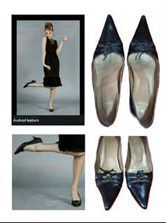 Vintage Black Leather Kitten Heel Pointy Pumps / Low Heels ala Audrey Hepburn