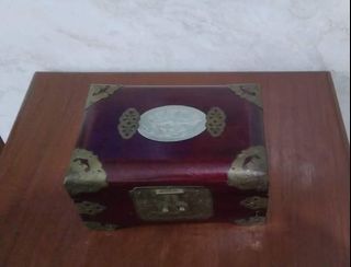 Vintage Chinese Brass Mounted Wooden Jewelry Box Carved Stone