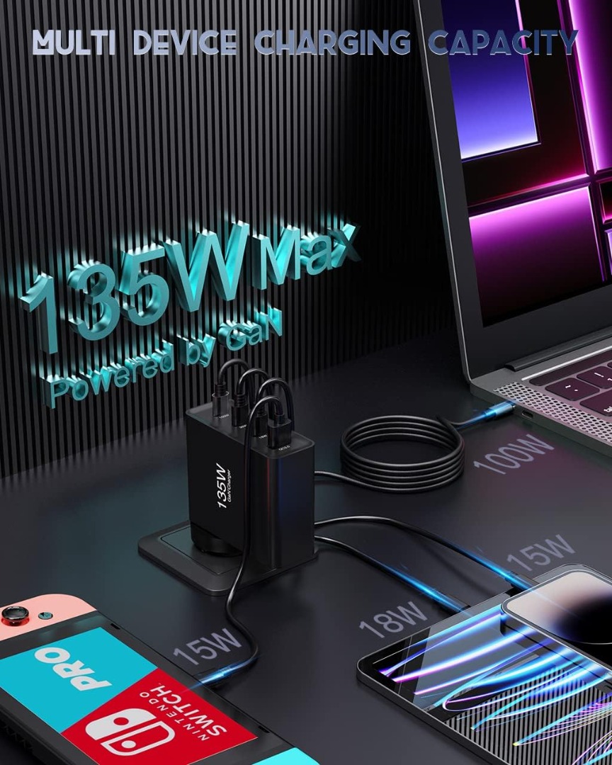 強大的 135W USB C 充電器，緊湊型 4 埠 USB 轉接器插座，PPS PD 快速充電器 USB C 電源 amsckp ...