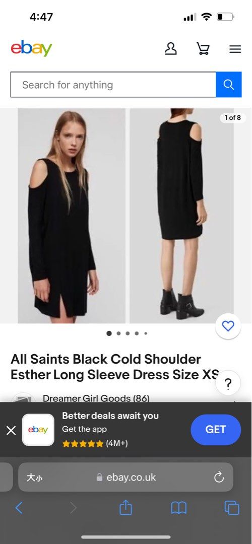 All Saints Black Cold Shoulder Esther Long Sleeve Dress Size M a