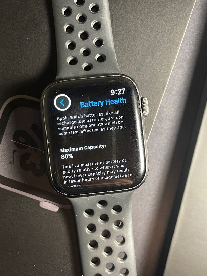 Apple Watch Nike+ Series 4 44mm (Category: Wearables & Smart Watches) located in Manila. Submitted by nineargh (Listing ID 1305794488, Image 3). Description: Apple Watch Nike+ Series 4 44MM Space Grey with Black Nike Sports Band Condition 9/10 Battery health 80% No charger included, it broke Can last 1-2 days after full charge depending on use Can show more photos upon request..