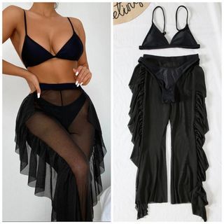 Black Two Piece Swimsuit & Beach Pants (Large) Padded Triangle Bra & Plain Bikini & Mesh Cover up Pants 3in1 Swimwear