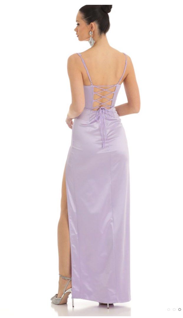 BRAND NEW lucy in the sky Satin Rhinestone Maxi Dress in Lilac purple corset prom dress Women s Fashion Dresses Sets Evening dresses gowns on Carousell
