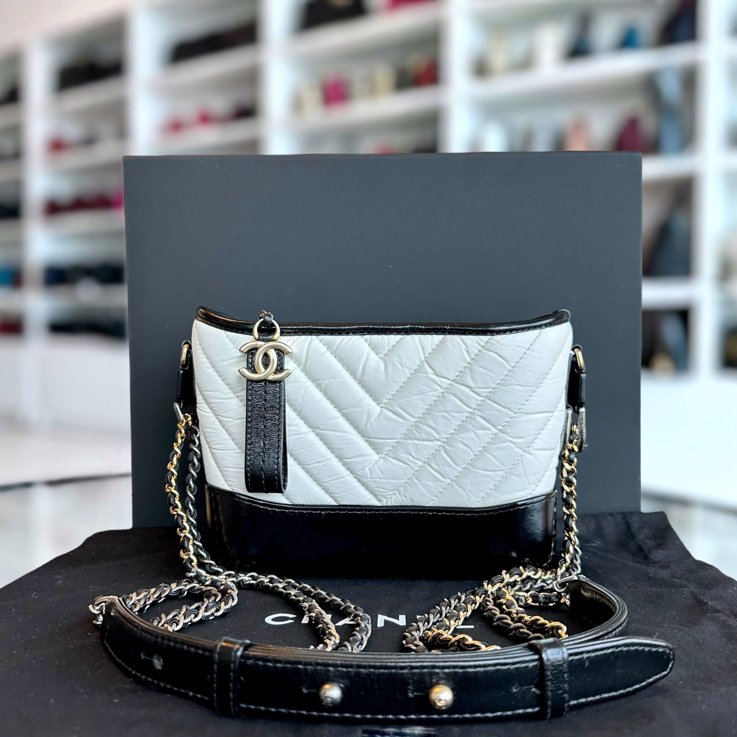 Chanel Gabrielle Small Hobo Chevron Calfskin White Black Two Tone GHW No 27