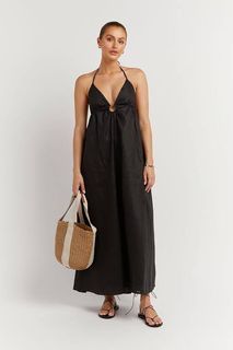Dissh Ellen Black Linen Halter Dress 100% Premium