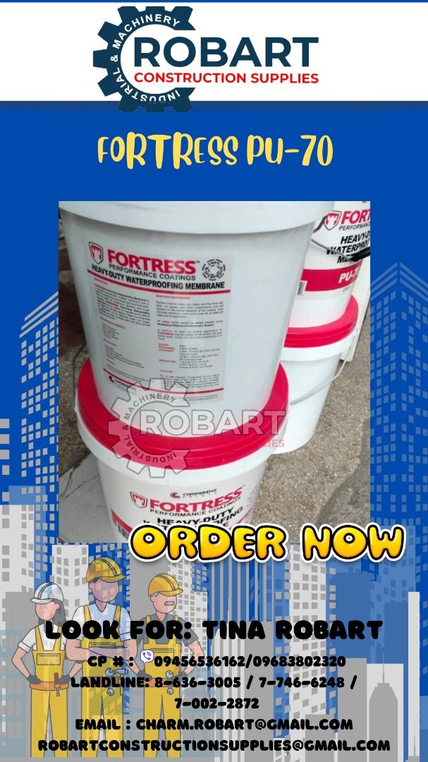 Heavy Duty Waterproofing Membrane PU-70 (Category: Construction & Building Materials) located in Manila. Submitted by tina.sales (Listing ID 1305740508, Image 1). Description: Heavy Duty Waterproofing Membrane PU-70 colors : Gray, Black ₱8,400/pail colors : White, Spanish Red, Baguio Green, Red, Terra Cotta,Blue ₱9,400/pail SEND US MESSAGE FOR INQUIRIES ‼️‼️ ~~TINA ROBART~~ 0 9 4 5 6 5 3 6 1 6 2 0 9 6 8 3 8 0 2 3 2 0 LANDLINE: 8 6 3 6 3 0 0 5 / 7