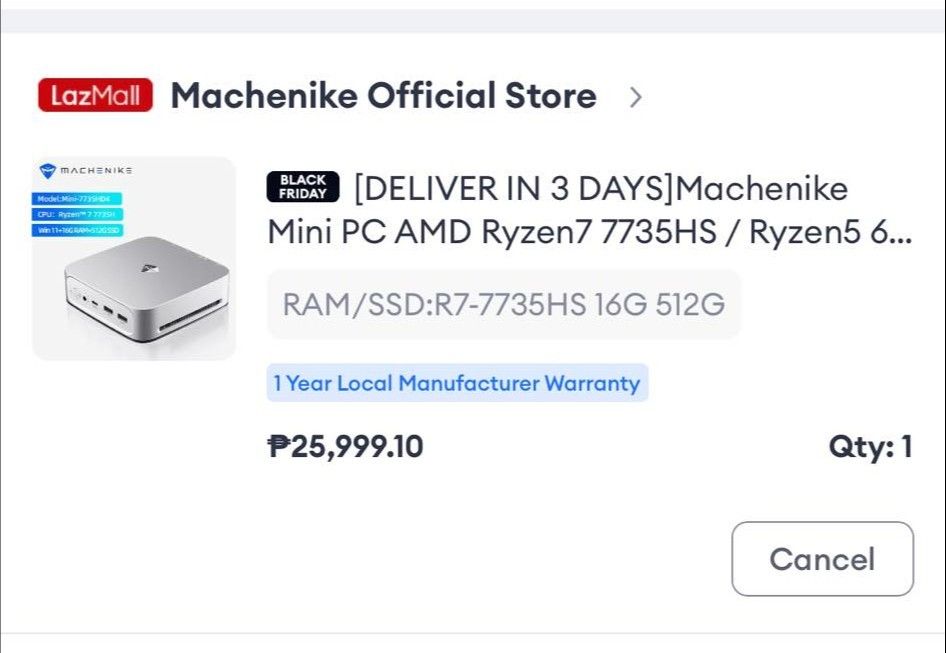 Machenike Mini PC with Monitor / Keyboard / Mouse bundle (Category: Desktops) located in Taytay. Submitted by cloyster04 (Listing ID 1305786036, Image 3). Description: Selling my mini pc. This is Machenike Mini PC with pangmalakasang AMD Ryzen 7 7735hs processor :D. Yes HS po yung version meaning high performance / efficiency. Out of stock na to sa online ph shops kase apaka sulit :) . Very goods for gaming & Editing. Lightly used for 6 mos pa la
