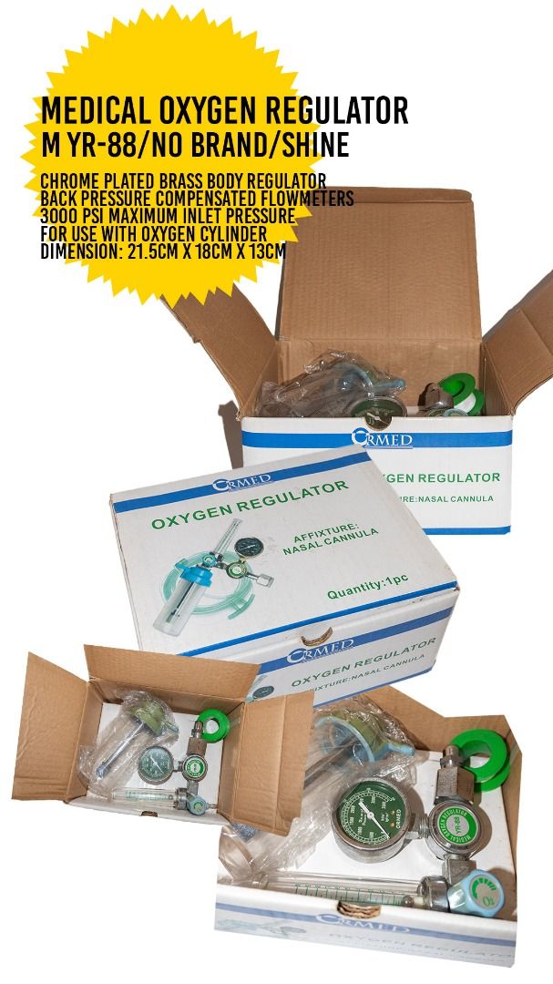 -NEVER USED- Oxygen Regulator (Category: Medical Supplies & Tools) located in Paranaque City. Submitted by getmystuffnowplease (Listing ID 1305689619, Image 1). Description: BRAND NEW - never used MEDICAL OXYGEN REGULATOR M YR-88/NO BRAND/SHINE DETAILS: Chrome plated brass body regulator Back pressure compensated flowmeters 3000 psi maximum inlet pressure For use with oxygen cylinder Dimension: 21.5cm x 18cm x 13cm.