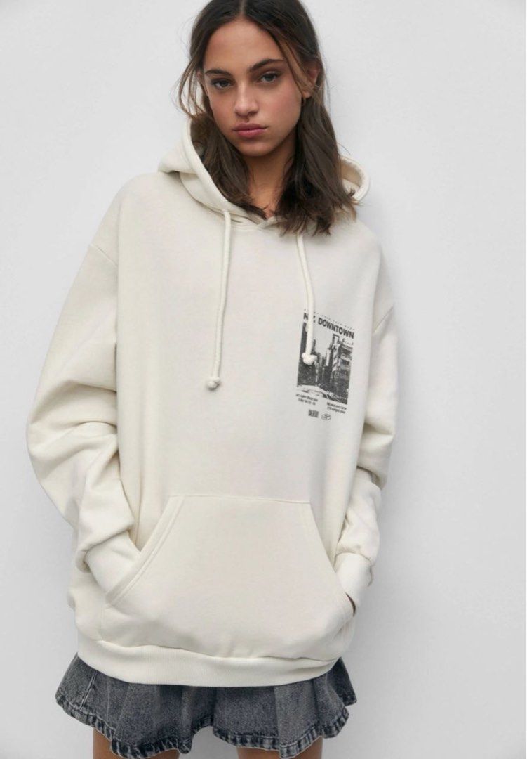 Pull Bear Off White Oversized Graphic Hoodie Women s Fashion Tops Longsleeves on Carousell