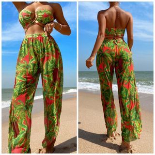 Two Piece Swimsuit & Beach Pants (Small) Tropical print Padded Bandeau & Bikini & Cover up Pants 3in1 Swimwear