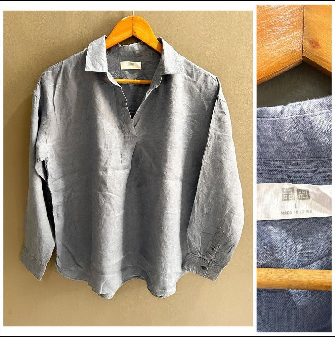 Uniqlo Premium Linen Longsleeves (Category: Blouses) located in Cebu City. Submitted by ahnnlim (Listing ID 1305692400, Image 1). Description: Uniqlo Blue Linen Longlseeves fits M-L women's in Excellent Condition Actual Color: Blue.