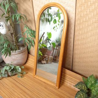 Vintage arc rattan wall hanging mirror