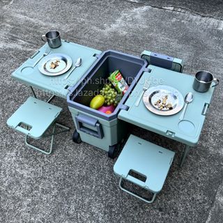 32L Cooler Ice Box Wheels with Table & Chairs [GREEN-GREY]