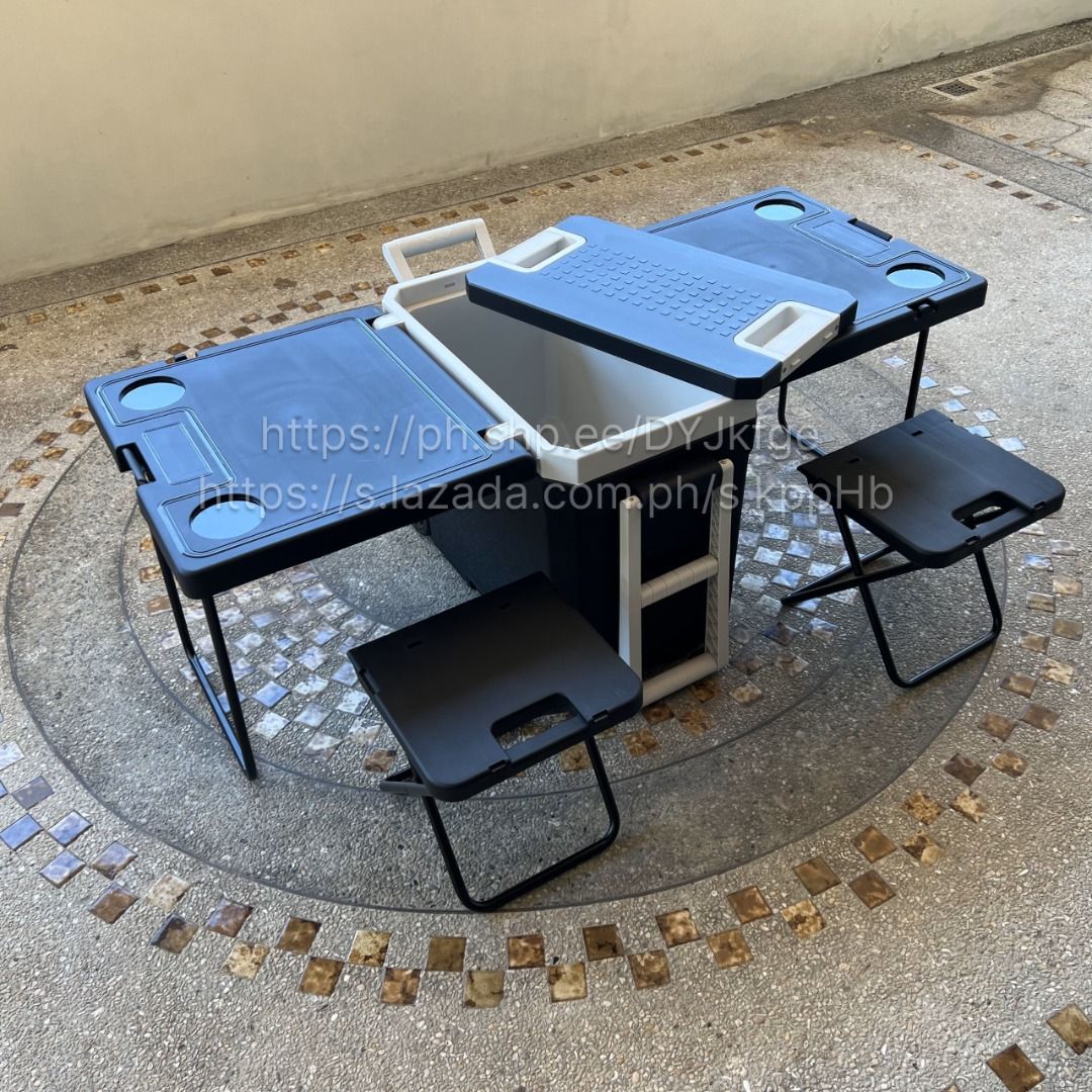 32L Cooler Ice Box Wheels with Table & Chairs [BLACK-WHITE], Furniture ...