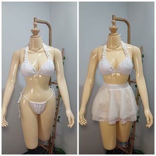 3in1 White Two Piece Swimsuit (Small to Medium) Padded Halter  Tie Back & Tie Side Bikini & Beach Cover up Skirt 3pc Swimwear