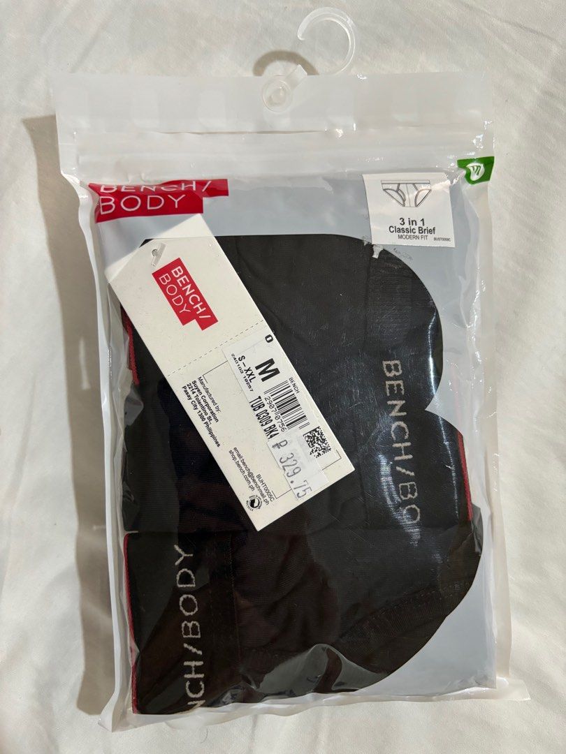 Bench Body (Category: Underwear) located in Marikina City. Submitted by green.archer (Listing ID 1305845199, Image 3). Description: SALE! Bench Body Men’s Underwear - Brand New (sealed) - Size M (30-31 inches or 76-79 cms) - Color: Black - Classic Style (modern fit) - 3 pcs. per pack - Orig. Price: 330 Php per pack - SALE Price: 200 Php per pack! RFS: Excess stocks Txt/Call if interested: 09209068636.