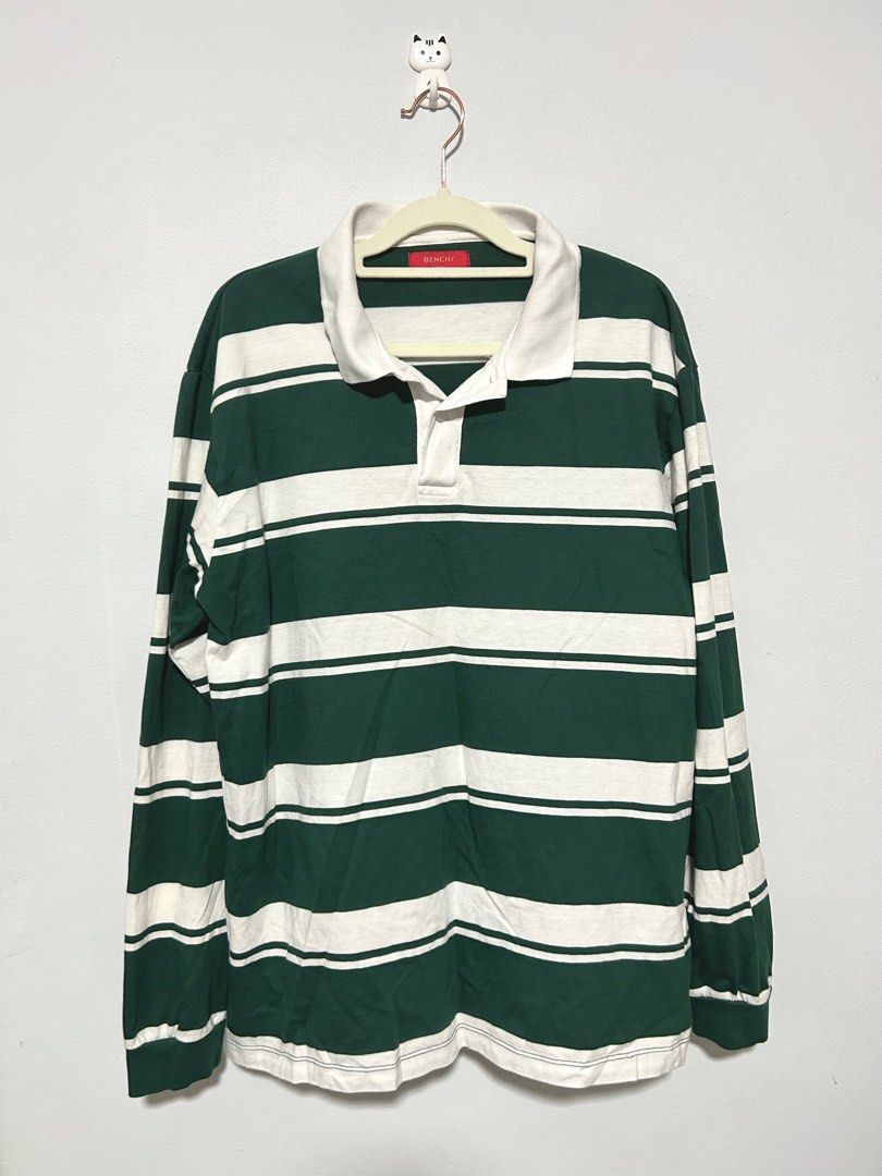 BENCH Green Striped Long Sleeve Polo, Men's Fashion, Tops Sets