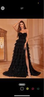 Black Sequined Tube Gown with Ruffles & Hem Split Thigh