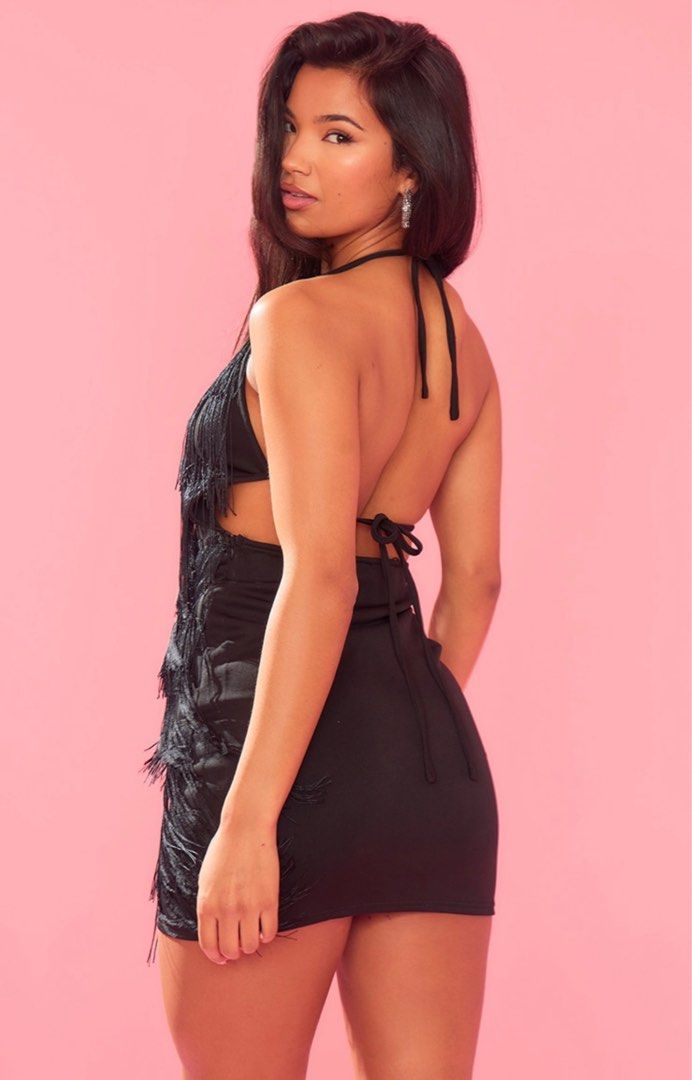 Black tassel detail halterneck bodycon dress clearance