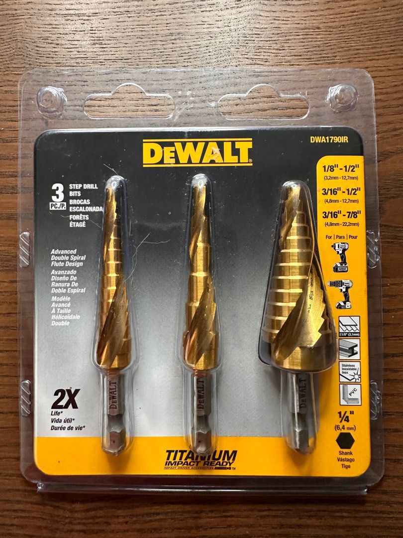 Dewalt 3 Pc. IMPACT READY Titanium Nitride Coating Step Drill Bit Set can used with power tools by Milwaukee Bosch or Makita