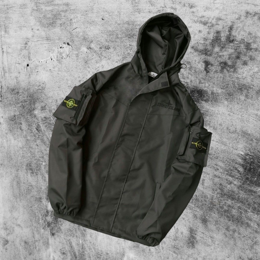 Jaket Zipper Stone Island Double Patch Abu Tua, Fesyen Pria - Main Image