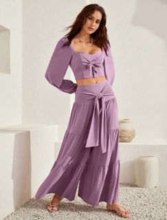 Plus Size Coords Purple Terno Bohemian Long Sleeve Wide Leg Pants Boho XL to 1X