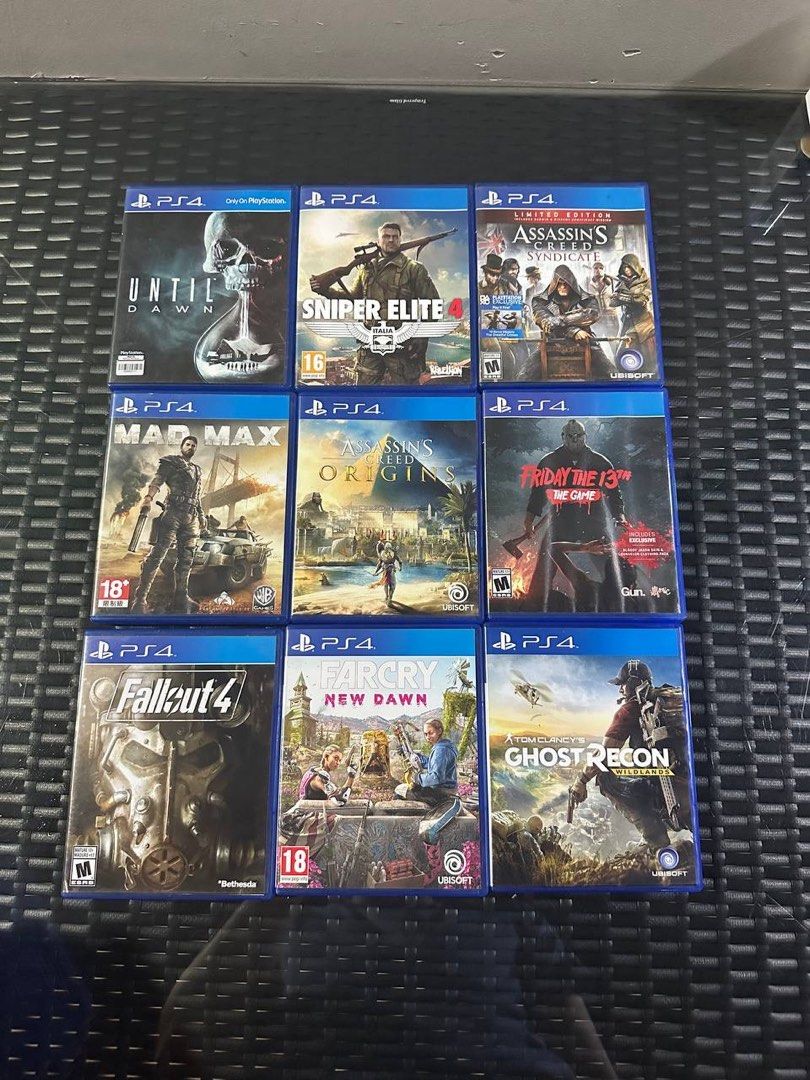 PS4 game Until Dawn / Sniper Elite 4 / Assassin’s Creed Syndicate / Mad Max  / Assassin’s Creed Origins / Friday the 13th / Fallout 4 / FarCry New Dawn  ...