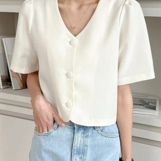 Shein DAZY Solid Button Front Button Up Puff Sleeve Blouse Top Women Professional Sleek Modern Elegant White Puffed Casual Formal