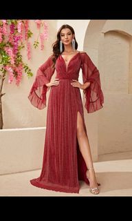 SHEIN GIFFNISETTI GLITTERY SHINY SHIMMERY PLUNGING NECK SLIT HOLLYWOOD GLITS AND GLAM RED CARPET PAGEANT LONG GOWN FORMAL EVENT