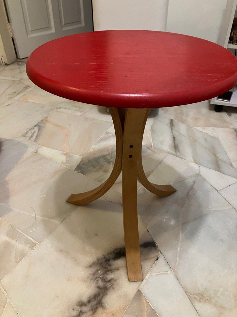 Red solid wood table (Category: Tables & Sets) located in Subang Jaya. Submitted by cctrades (Listing ID 1305945651, Image 2). Description: Cute retro red mini coffee table or side table. Solid wood table, just has a big of paint chipped at top which adds to the accent of the wood. Used only to place items on top. In very good condition.