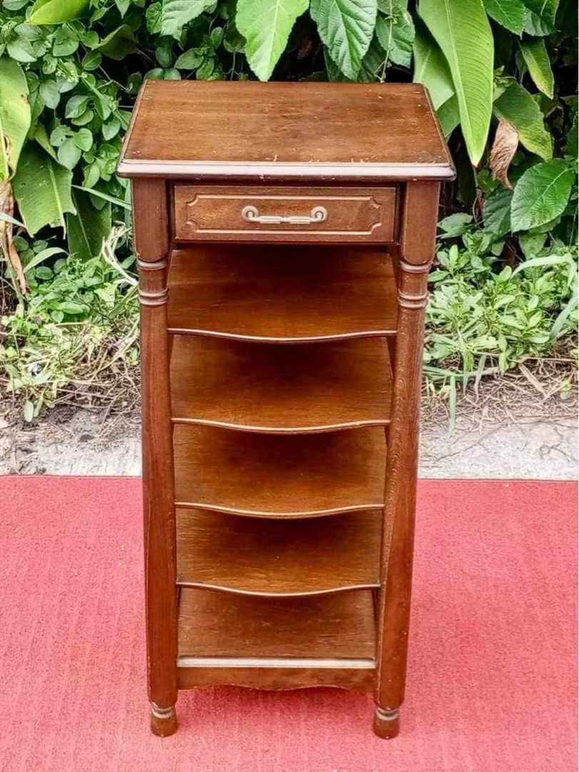 Slim shoe rack (Category: Shelves, Cabinets & Racks) located in Quezon City. Submitted by matetdevis13 (Listing ID 1305952168, Image 2). Description: Slim Shoe Rack 15”L x 12”W x 32”H Php 2,500 Solid wood 1 pullout drawer In good condition.