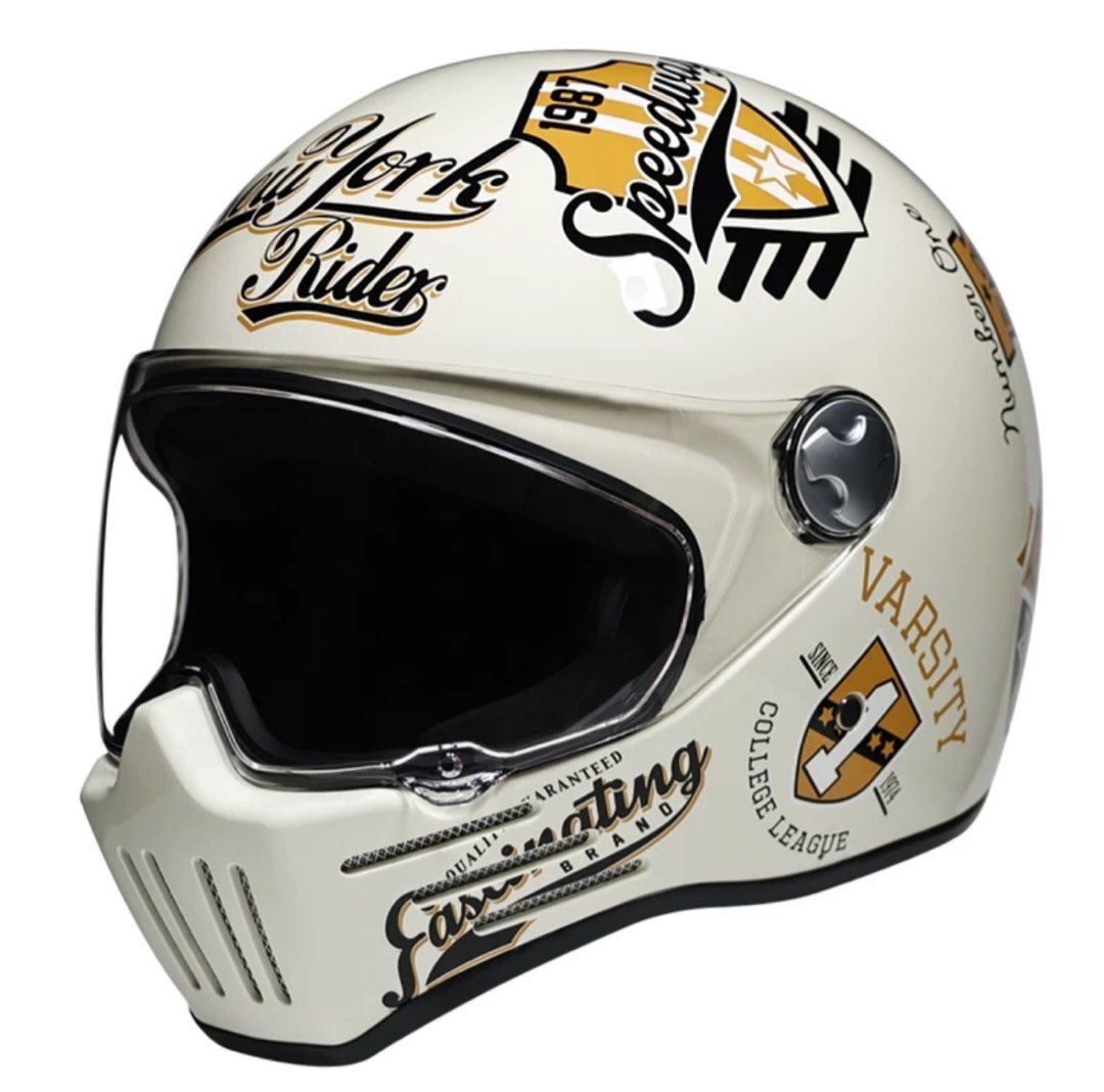 Cream Beige White with Emblems Full Face with Built on Visor Lens