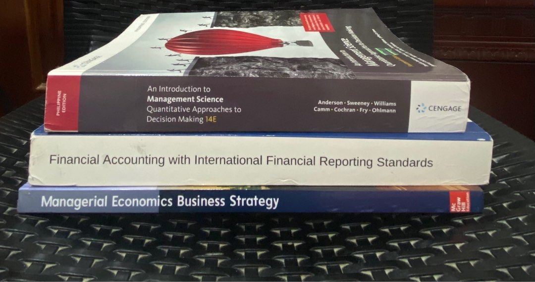 UST AMV Books (Category: Textbooks) located in Quezon City. Submitted by adelinaa__ (Listing ID 1305936711, Image 1). Description: An Introduction to Management Science Quantitative Approaches to Decision Making - 400 (sold) (Condition = 8.5/10) Financial Accounting with International Financial Reporting Standards - 650 (Condition = 7/10) SOLD ❌ Managerial Economics - 450 (Condition = 9.5/10).