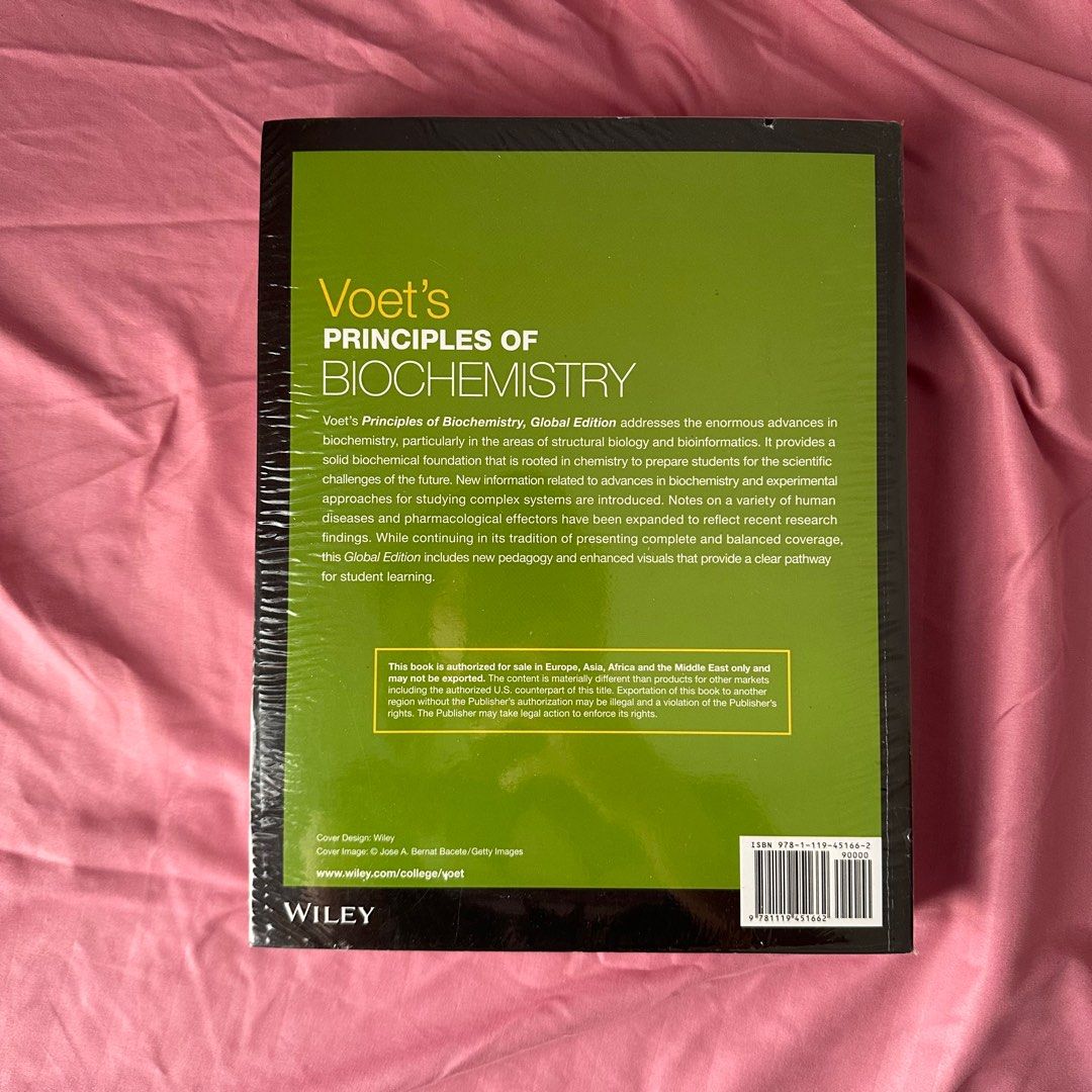 Voet's Principles of Biochemistry (Category: Textbooks) located in Quezon City. Submitted by auraetlabora (Listing ID 1305973640, Image 2). Description: Selling my plastic covered Voet’s Principles of Biochemistry book! Never been used, no highlights, still looks brand new ✨ Still negotiable ☺️.
