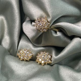 14K Yellow Gold Setting Rosita Earrings & Ring Set Natural Earth-Mined Diamonds
