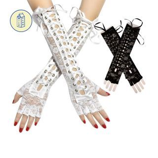 Black White Gothic Laced Fingerless Gloves | Retro Punk Style Black Ribbon Ties | SHIPS FROM JAPAN | Women's Cosplay Halloween Party