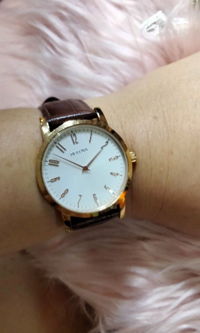BULOVA WATCH C435273 MENS GOLD TONE BEZEL SILVERY WHITE FACE BROWN GENUINE LEATHER Men s Fashion Watches Accessories Watches on Carousell