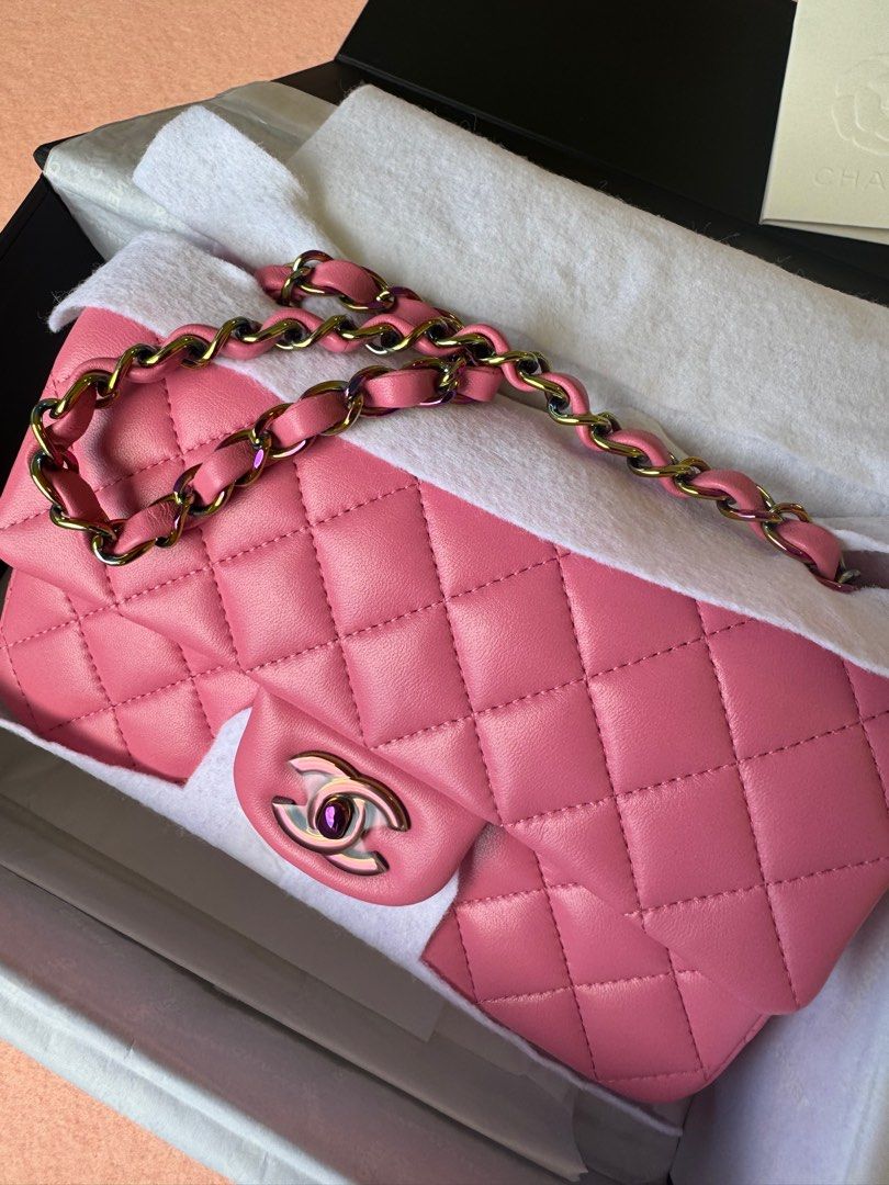 Chanel Mini Flap bag Pink Yellow with rainbow hardware. BNIB